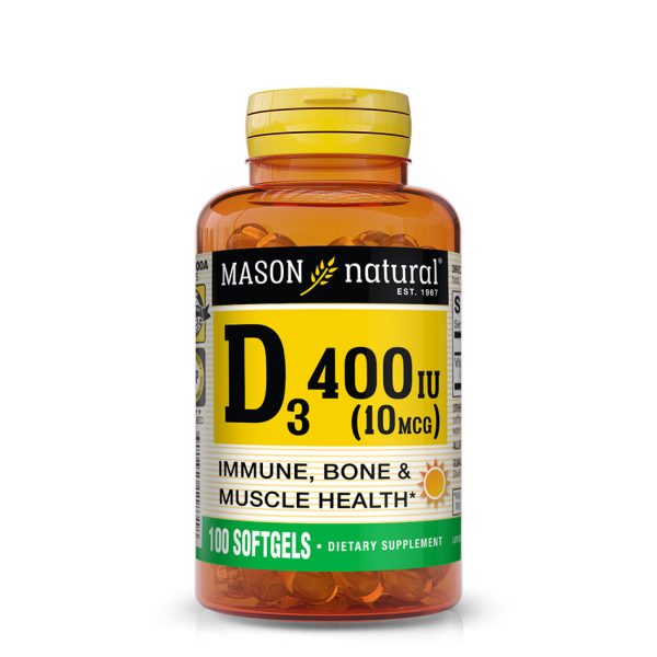 MASON NATURAL Vitamin D3 10 mcg (400 IU) - Supports Overall Health, Strengthens Bones and Muscles, 100 Softgels